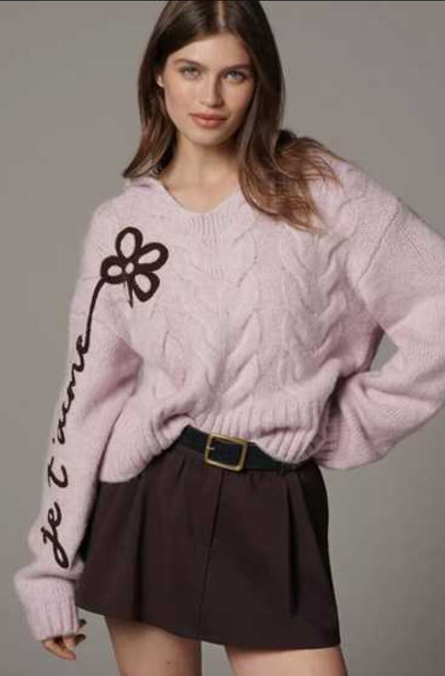 Anthropologie Maeve Hooded Sweater Medium Pink Embroidered Flower Cable Knit